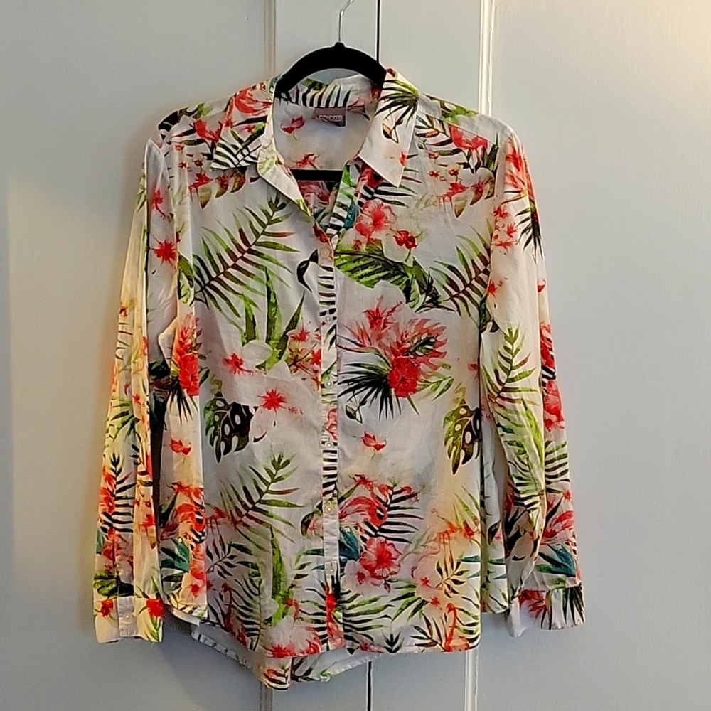 Chicos tropical print long sleeved summer top size 12